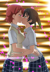 Rule 34 | 2girls, black hair, blue skirt, breasts, collared shirt, commentary request, cowboy shot, eye contact, eyebrows hidden by hair, from side, green eyes, hair bun, hair ornament, hairclip, hands on another&#039;s waist, highres, kiss, large breasts, looking at another, love live!, love live! nijigasaki high school idol club, medium breasts, multiple girls, neck ribbon, nijigasaki school uniform, plaid, plaid skirt, pleated skirt, profile, red hair, red neckwear, revision, ribbon, school uniform, shirt, short hair, short sleeves, single hair bun, skirt, summer uniform, sweater vest, takasaki yu, tooo, twintails, uehara ayumu, vest, white shirt, yellow vest, yuri