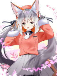 Rule 34 | absurdres, animal ears, blazer, gloves, hat, highres, island fox (kemono friends), jacket, kemono friends, kemono friends v project, long hair, looking at viewer, necktie, open mouth, rascala39, school uniform, shirt, shoes, silver hair, simple background, skirt, smile, solo, tail, twintails, virtual youtuber
