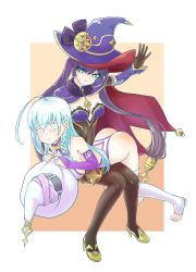 Rule 34 | 2girls, absurdres, ahoge, artist request, ass, bare shoulders, blue hair, blush, borrowed character, braid, breasts, bridal gauntlets, cape, closed eyes, detached sleeves, elbow gloves, genshin impact, gloves, green eyes, hair ornament, hair ribbon, high heels, highres, leotard, long hair, medium breasts, mona (genshin impact), multiple girls, original, pantyhose, red ass, ribbon, rostina cosmos, shiny skin, spanked, spanking, thighhighs, thighlet, twintails, very long hair