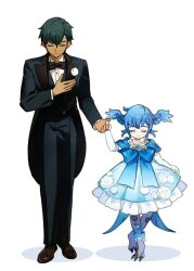 Rule 34 | 1boy, 1girl, alternate costume, alternate universe, bird girl, bird legs, bird tail, bird wings, black bow, black bowtie, black coat, black pants, black suit, blue bow, blue bowtie, blue capelet, blue dress, blue hair, boutonniere, bow, bowing, bowtie, brooch, brown footwear, capelet, child, choker, coat, collared shirt, colored eyelashes, contemporary, curtsey, dress, elbow gloves, facing viewer, father and daughter, feathered wings, final fantasy, final fantasy xiv, formal, frilled dress, frills, full body, gloves, hand on own chest, hand up, head wings, height difference, hermes (ff14), highres, holding hands, jewelry, large bow, layered dress, leg ribbon, meteion, monster girl, pants, ribbon, shirt, shoes, short hair, simple background, skirt hold, smile, standing, straight-on, suit, tail, white background, white choker, white gloves, white shirt, wings, wuliu heihuo
