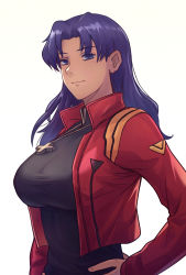 Rule 34 | 1girl, absurdres, arm at side, black dress, breasts, collared dress, collared jacket, cropped jacket, cross, cross necklace, dress, hair intakes, hands on own hips, highres, huge breasts, impossible clothes, impossible dress, jacket, jewelry, katsuragi misato, light smile, long hair, long sleeves, looking at viewer, necklace, neon genesis evangelion, parted bangs, purple eyes, purple hair, red jacket, simple background, solo, taut clothes, taut dress, tff, upper body, white background