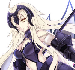 Rule 34 | 1girl, ahoge, bad id, bad twitter id, bare shoulders, blonde hair, breasts, chain, cleavage, closed mouth, fate/grand order, fate (series), gauntlets, hair over one eye, headpiece, jeanne d&#039;arc (fate), jeanne d&#039;arc alter (avenger) (fate), jeanne d&#039;arc alter (avenger) (third ascension) (fate), jeanne d&#039;arc alter (fate), light smile, long hair, looking at viewer, medium breasts, nozomi fuuten, sidelocks, solo, upper body, yellow eyes