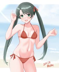 Rule 34 | 1girl, ame-san, beach, bikini, black hair, blue sky, breasts, cloud, dated, day, green eyes, highres, horizon, kantai collection, long hair, looking at viewer, mikuma (kancolle), ocean, official alternate costume, outdoors, red bikini, side-tie bikini bottom, sky, small breasts, solo, swimsuit, twitter username