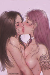 Rule 34 | 2girls, arm tattoo, artist name, asymmetrical docking, breast press, breasts, brown hair, choker, closed eyes, commentary, completely nude, earrings, english commentary, female focus, flower tattoo, freckles, french kiss, from side, hair ornament, hairclip, heart, heart choker, jewelry, kiss, lipstick, long hair, makeup, medium breasts, multiple girls, nipples, nude, original, paloma piquet, pink background, pink hair, profile, saliva, simple background, stud earrings, tattoo, upper body, white choker, yuri