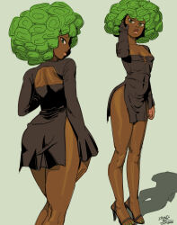 Rule 34 | 1girl, absurdres, adapted costume, afro, alternate costume, alternate skin color, alternate universe, back cutout, clothing cutout, cosplay, dark-skinned female, dark skin, dress, flat chest, green eyes, green nails, high heels, highres, ironicnotsavage, one-punch man, short dress, side slit, simple background, solo, standing, tatsumaki (cosplay), thick lips