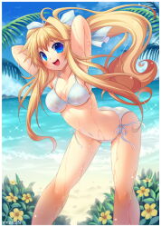 Rule 34 | 1girl, air (visual novel), armpits, arms behind head, beach, bent over, bikini, blonde hair, blue eyes, blush, bow, breasts, cleavage, commentary, commission, day, emperpep, english commentary, flower, hair bow, hibiscus, kamio misuzu, large breasts, long hair, medium breasts, navel, open mouth, outdoors, palm tree, ponytail, shiny skin, side-tie bikini bottom, smile, solo, swimsuit, tree, very long hair, wet, white bikini