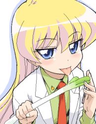 Rule 34 | 00s, 1girl, :p, blonde hair, blue eyes, lab coat, long hair, lowres, naughty face, necktie, oekaki, pani poni dash!, rebecca miyamoto, saliva, sexually suggestive, solo, spring onion, tongue, tongue out, youkan
