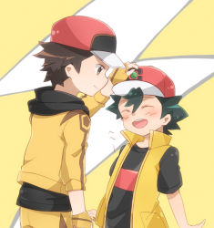 Rule 34 | 2boys, alternate color, ash ketchum, baseball cap, black shirt, brown eyes, brown hair, closed eyes, closed mouth, commentary request, creatures (company), fingerless gloves, game freak, gloves, hand up, hat, headpat, jacket, male focus, miu (chuyu825), multiple boys, nintendo, official alternate costume, open mouth, pokemon, pokemon masters ex, red (pokemon), red (sygna suit) (thunderbolt) (pokemon), red headwear, shirt, short hair, short sleeves, sleeveless, sleeveless jacket, smile, t-shirt, teeth, tongue, upper teeth only, yellow jacket