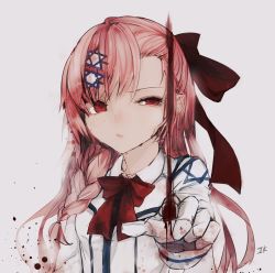 Rule 34 | 1girl, asymmetrical bangs, blood, blood splatter, blush, bow, braid, breasts, collared jacket, girls&#039; frontline, gloves, grey background, hair between eyes, hair bow, hair ornament, hair ribbon, hairclip, half-closed eye, hexagram, highres, jacket, ki lllorz, long hair, looking at viewer, neck ribbon, negev (girls&#039; frontline), one side up, parted lips, pink hair, red bow, red eyes, red ribbon, ribbon, side braid, signature, simple background, small breasts, smearing, solo, star of david, upper body, white gloves