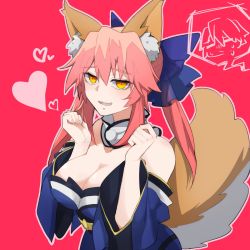 Rule 34 | 1girl, animal ear fluff, animal ears, artist request, bare shoulders, blue kimono, blue ribbon, breasts, collarbone, detached sleeves, fate/extella, fate/extra, fate/extra ccc, fate/grand order, fate (series), fox ears, fox girl, fox tail, hair ribbon, heart, highres, japanese clothes, kimono, kishinami hakuno (male), large breasts, looking at viewer, open mouth, pink hair, red background, ribbon, simple background, solo, speech bubble, tail, tamamo (fate), tamamo no mae (fate/extra), yellow eyes