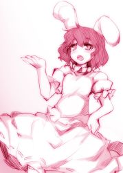 Rule 34 | 1girl, animal ears, blush, rabbit ears, dress, hand on own hip, inaba tewi, kazetto, monochrome, open mouth, short hair, sketch, solo, touhou