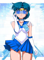 Rule 34 | 1girl, adjusting eyewear, arm at side, back bow, bare legs, bishoujo senshi sailor moon, blue-tinted eyewear, blue background, blue bow, blue choker, blue eyes, blue hair, blue sailor collar, blue skirt, blue theme, blush, bow, breasts, brooch, choker, closed mouth, collarbone, earrings, elbow gloves, gloves, gradient background, hand up, heart, heart brooch, highres, inner senshi, jewelry, light blue bow, looking at viewer, magical girl, medium breasts, miniskirt, mizuno ami, neck, necklace, panties, pirochi, pleated skirt, revision, sailor collar, sailor mercury, sailor senshi uniform, scouter, see-through, see-through sleeves, short hair, short sleeves, skirt, smile, solo, standing, star (symbol), star choker, star necklace, super sailor mercury, tiara, tinted eyewear, underwear, white gloves