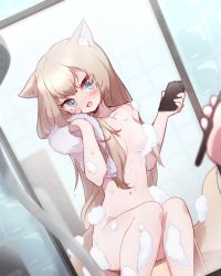 Rule 34 | 1girl, animal ear fluff, animal ears, blonde hair, blue eyes, cellphone, censored nipples, convenient censoring, fox ears, fox girl, fox tail, mirror, nude, oldweek, phone, prism project, reflection, soap bubbles, solo, tail, tokimori aoi, towel, virtual youtuber
