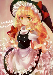 Rule 34 | 1girl, absurdres, bad id, bad pixiv id, blonde hair, bow, braid, character name, clothes lift, colorized, dress, dress lift, frills, hair bow, hat, highres, kirisame marisa, long hair, ribbon, risui (suzu rks), sachi (artist), skirt, skirt hold, smile, solo, star (symbol), touhou, witch hat, yellow eyes