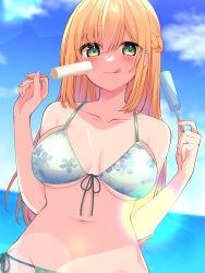 Rule 34 | 1girl, :p, asagi shiki (artist), bikini, blonde hair, blue sky, blush, braid, breasts, cleavage, cloud, collarbone, commentary, crown braid, day, dripping, fingernails, food, front-tie bikini top, front-tie top, green bikini, green eyes, highres, holding, holding food, indie virtual youtuber, large breasts, lens flare, long hair, looking at viewer, miyadi (youtuber), navel, ocean, outdoors, popsicle, side-tie bikini bottom, sky, solo, stomach, summer, swimsuit, tongue, tongue out, upper body, virtual youtuber