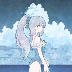 Rule 34 | 1girl, alternate costume, arched back, blue archive, blue bow, blue one-piece swimsuit, blue sky, bow, breasts, cloud, cloudy sky, commentary request, cowboy shot, frilled one-piece swimsuit, frills, from side, grey hair, hair bow, highres, holding own wrist, horizon, korean commentary, looking at viewer, looking to the side, medium breasts, miyako (blue archive), miyako (swimsuit) (blue archive), ocean, one-piece swimsuit, outdoors, ponytail, purple eyes, seabearsnake, sidelocks, sky, smile, solo, spaghetti strap, standing, swimsuit