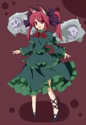 Rule 34 | 1girl, alternate hairstyle, animal ears, bad id, bad pixiv id, bow, cat ears, cat girl, dress, fang, female focus, flaming skull, green dress, hair bow, kaenbyou rin, kuromari (runia), open mouth, red eyes, red hair, smile, solo, touhou, twintails