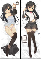 Rule 34 | 10s, 1girl, :o, arm warmers, armpits, asashio (kancolle), bad id, bad pixiv id, bdsm, bed sheet, black hair, black skirt, black thighhighs, blue eyes, blue panties, blush, bondage, border, bound, bound ankles, bound wrists, bow, bow panties, breasts, buttons, camisole, child, clipboard, closed mouth, collar, collared shirt, dakimakura (medium), eraser, from above, full body, groin, hand on own stomach, hands up, head tilt, heart, heart-shaped lock, heart lock, heart lock (kantai collection), highres, jewelry, kantai collection, knees together feet apart, light smile, long hair, looking at viewer, lying, midriff, miniskirt, multiple views, navel, no shoes, on back, on bed, open mouth, panties, panty pull, paper, parted bangs, pencil, pleated skirt, raised eyebrow, ring, salute, sample watermark, school uniform, see-through, shirt, short sleeves, skirt, unworn skirt, slave, small breasts, smile, star (symbol), strap slip, studded collar, suspender skirt, suspenders, tape, tape bondage, thigh gap, thighhighs, thighhighs pull, twitter username, underwear, watermark, wedding band, white shirt, yopan danshaku, zettai ryouiki