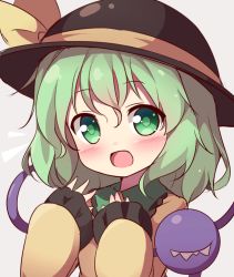 Rule 34 | 1girl, baku-p, black hat, blush, bow, green eyes, green hair, hands on own face, hat, hat bow, komeiji koishi, looking at viewer, open mouth, shirt, short hair, smile, solo, third eye, touhou, upper body, yellow bow