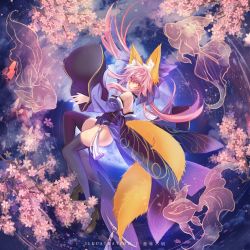 Rule 34 | 1girl, animal ear fluff, animal ears, blue kimono, blue ribbon, blue thighhighs, breasts, cherry blossoms, commentary, commentary request, fate/extella, fate/extra, fate/extra ccc, fate/grand order, fate (series), fish, fox ears, fox girl, fox tail, full body, full moon, hair ribbon, imi fumei (imifu-imifu), japanese clothes, kimono, medium breasts, moon, pink hair, ribbon, solo, tail, tamamo (fate), tamamo no mae (fate/extra), thighhighs, yellow eyes