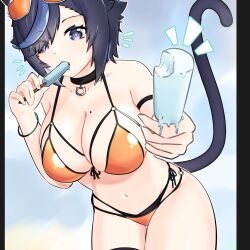 Rule 34 | 1girl, bikini, black hair, blue eyes, blue sky, breasts, character request, eating, eye visible through hair, food, highres, incoming food, large breasts, mole, mole under eye, navel, offering food, one eye covered, orange bikini, p protocoll, popsicle, pov, short hair, sky, sunglasses, sunglasses on head, swimsuit, tail, virtual youtuber