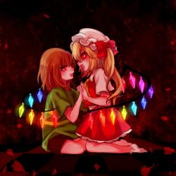Rule 34 | 1girl, androgynous, bad id, bad twitter id, brown hair, chara (undertale), crossover, flandre scarlet, holding hands, looking at another, open mouth, red eyes, ribbon, seiza, shirt, sitting, spoilers, striped clothes, striped shirt, tis (shan0x0shan), touhou, trait connection, undertale, wings