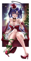 Rule 34 | 1girl, bell, black collar, blue archive, blue eyes, blush, border, box, breasts, christmas, christmas tree, cleavage, collar, commentary, dano, dress, fur-trimmed dress, fur trim, gift, gift box, green ribbon, hair ornament, halo, hat, high heels, highres, in box, in container, large breasts, leg ribbon, long hair, looking at viewer, neck bell, outside border, parted lips, purple hair, red dress, red footwear, ribbon, santa costume, santa hat, sitting, solo, star (symbol), strapless, strapless dress, sweat, symbol-only commentary, two side up, white border, yuuka (blue archive)