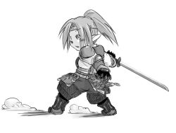 Rule 34 | 00s, 1boy, :o, armor, breastplate, elbow pads, faulds, fighting stance, final fantasy, final fantasy xi, full body, gauntlets, greyscale, headband, holding, holding sword, holding weapon, legs apart, long hair, male focus, monochrome, parted lips, ponytail, samurai, samurai (final fantasy), shoulder pads, simple background, smoke, solo, standing, sword, tarutaru, unsheathed, weapon, white background