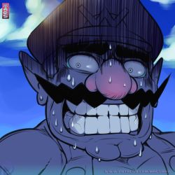 Rule 34 | 1boy, artist name, big nose, blue sky, broken tooth, cleft chin, clenched teeth, cloud, constricted pupils, crack, day, facial hair, gloom (expression), hat, magsama, male focus, mario (series), mustache, nervous sweating, nintendo, outdoors, overalls, panicking, partially colored, patreon logo, patreon username, pointy ears, portrait, scared, shaded face, shirt, short sleeves, sky, solo, spot color, super smash bros., sweat, t-shirt, teeth, thick eyebrows, wario, wario land, watermark, web address