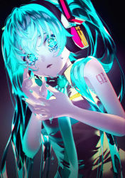Rule 34 | 1girl, aqua eyes, aqua hair, aqua nails, aqua necktie, breasts, crying, crying with eyes open, dutch angle, from below, glowing, glowing eyes, hair over shoulder, hatsune miku, headset, highres, long hair, nail polish, necktie, parted lips, sawashi (ur-sawasi), shirt, sleeveless, sleeveless shirt, small breasts, solo, tears, vocaloid