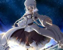 Rule 34 | 1girl, :d, anchor, avrora (azur lane), azur lane, bare shoulders, bare tree, belt, black belt, black bow, black pantyhose, blue eyes, blush, boots, bow, braid, breasts, breath, detached sleeves, diamond (shape), dress, eyebrows, eyelashes, facing away, fur hat, fur trim, hair between eyes, hair bow, hat, knees together feet apart, large breasts, long hair, long sleeves, looking away, looking to the side, minazuki penguin, miniskirt, open mouth, outdoors, outstretched arms, overskirt, palms, pantyhose, pencil skirt, skirt, sky, smile, snowflakes, solo, standing, star (sky), star (symbol), starry sky, strapless, strapless dress, tree, twin braids, ushanka, water, white footwear, white hair, white hat, white skirt, wide sleeves