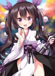 Rule 34 | 1girl, alternate costume, bare shoulders, black ribbon, breasts, brown hair, checkered sash, cowboy shot, detached sleeves, happy, highres, himekaidou hatate, holding, holding sword, holding weapon, long hair, long sleeves, looking at viewer, medium breasts, no wings, one-hour drawing challenge, open mouth, outdoors, pom pom (clothes), purple eyes, purple ribbon, ribbon, ribbon-trimmed sleeves, ribbon trim, ruu (tksymkw), sash, solo, sword, touhou, twintails, weapon, wide sleeves