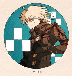 Rule 34 | 1boy, ahoge, armor, black gloves, brown sweater, clenched hand, closed mouth, commentary request, danganronpa (series), danganronpa v3: killing harmony, dated, gloves, green background, grey background, grey eyes, headphones, highres, k1-b0, kiri (2htkz), male focus, medium hair, power armor, smile, solo, sweater, upper body