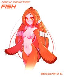 Rule 34 | 1girl, breasts, censored, clownfish, fins, fish, fish girl, monster girl, nude, orange eyes, orange hair, pussy, sachiko shirayuki