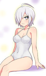 Rule 34 | 1girl, ahoge, breasts, character request, cleavage, closed mouth, cougar (cougar1404), covered navel, hair over one eye, looking at viewer, medium breasts, one-piece swimsuit, purple eyes, short hair, silver hair, sitting, solo, swimsuit