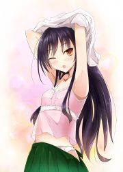 Rule 34 | 10s, 1girl, absurdres, accel world, ameyoshi, antenna hair, armpits, arms up, black hair, blush, brown eyes, camisole, highres, kuroyukihime, long hair, open mouth, panties, pleated skirt, skirt, solo, underwear, undressing