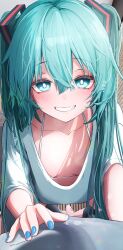 Rule 34 | 1girl, absurdres, all fours, aqua eyes, aqua hair, barefoot, bike shorts, black shorts, blue nails, blush, breasts, breasts apart, collarbone, grin, hair between eyes, half-closed eyes, hand on another&#039;s stomach, hatsune miku, highres, kyktsu, long hair, looking at viewer, loose clothes, messy hair, naughty face, oversized clothes, pov, shirt, shorts, small breasts, smile, solo focus, translation request, twintails, very long hair, vocaloid, white shirt