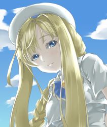 Rule 34 | 1girl, alicia florence, aria (manga), blonde hair, blouse, blue eyes, blue sky, braid, braided ponytail, closed mouth, cloud, day, hair between eyes, highres, kamehito, long hair, looking at viewer, ponytail, shirt, sky, smile, solo, upper body, very long hair, white shirt