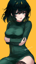 Rule 34 | 1girl, black thighhighs, blush, bob cut, breasts, crossed arms, dress, fubuki (one-punch man), green dress, green eyes, green hair, impossible clothes, kiichirou, large breasts, long sleeves, looking at viewer, one-punch man, open mouth, orange background, short hair, side slit, simple background, solo, sweatdrop, thighhighs, turtleneck, turtleneck dress