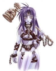 Rule 34 | collar, grey eyes, hair intakes, hammer, long hair, original, pointy ears, purple hair, simple background, solo, tagme, thigh strap, very long hair, white background, zombie