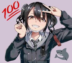 Rule 34 | 1girl, absurdres, arm up, black hair, black jacket, brown background, brown eyes, collared dress, commentary request, diagonal-striped clothes, diagonal-striped necktie, diagonal-striped neckwear, dress, green necktie, grin, hair between eyes, hand up, head tilt, highres, idolmaster, idolmaster cinderella girls, jacket, long sleeves, mask, mouth mask, necktie, puffy long sleeves, puffy sleeves, sharp teeth, shirt, sidelocks, simple background, smile, solo, striped clothes, striped necktie, striped neckwear, sunazuka akira, surgical mask, teeth, trap (drthumt), twintails, upper body, v, white shirt