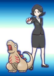 Rule 34 | 1girl, asian, black hair, blue background, blue eyes, business suit, creatures (company), crossover, daraku481, facing viewer, formal, game freak, godzilla, godzilla (series), godzilla (shin), highres, holding, holding poke ball, kaijuu, looking at viewer, monster, nintendo, ogashira hiromi, open mouth, parody, poke ball, pokemon, sharp teeth, shin godzilla, short hair, size difference, skirt, style parody, sugimori ken (style), suit, teeth, wide-eyed