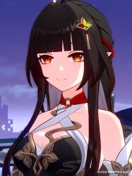 1girl alex_xiaohongshu bare_shoulders bell black_hair blunt_bangs breasts cleavage closed_mouth dress game_screenshot hair_ornament hanfu highres honkai:_star_rail honkai_(series) jiaoling_ruqun lingsha_(honkai:_star_rail) long_hair looking_at_viewer night night_sky non-web_source orange_eyes outdoors pointy_ears sky smile solo upper_body