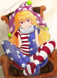 Rule 34 | 1girl, absurdres, american flag dress, american flag legwear, american flag shirt, arms behind back, artist logo, blonde hair, blouse, blush, cameltoe, carbohydrate (asta4282), chair, character name, clownpiece, colorized, crossed legs, dress, eyelashes, facing viewer, feet together, hat, highres, jester cap, long hair, looking at viewer, multicolored clothes, neck ruff, open mouth, pants, polka dot, polka dot headwear, presenting, red eyes, shirt, short sleeves, sitting, spread legs, star (symbol), striped clothes, striped dress, striped pants, striped shirt, touhou, wings