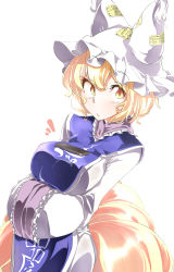 Rule 34 | 1girl, animal hat, blonde hair, cellphone, collar, commentary request, cowboy shot, fox tail, frilled collar, frilled hat, frilled sleeves, frills, gokuu (acoloredpencil), hair between eyes, hands in opposite sleeves, hat, highres, looking at viewer, mob cap, multiple tails, object on breast, orange eyes, phone, short hair, simple background, smartphone, solo, tabard, tail, tawawa challenge, touhou, white background, white hat, wide sleeves, yakumo ran