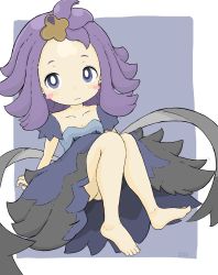 Rule 34 | 1girl, :3, absurdres, acerola (pokemon), barefoot, blue background, blue dress, blush stickers, breasts, cleavage, closed mouth, collarbone, commentary request, creatures (company), dress, forehead, full body, game freak, hair ornament, highres, knees up, looking at viewer, nintendo, pokemon, pokemon sm, purple eyes, purple hair, rururu (pyrk8855), signature, small breasts, solo, two-tone background, white background