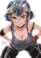 Rule 34 | 10s, 1girl, backlighting, black hair, black pants, braid, breasts, brown eyes, cleavage, collarbone, covered erect nipples, cross, downblouse, girls und panzer, goggles, goggles on head, grey skirt, hands on own hips, highres, large breasts, leaning forward, legs apart, licking lips, looking at viewer, pants, pepperoni (girls und panzer), ramune02, short hair, side braid, simple background, sketch, skirt, solo, strap slip, tank top, tongue, tongue out, white background