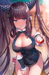 Rule 34 | 1girl, arm warmers, bare shoulders, black dress, blue eyes, blurry, blurry background, breasts, cleavage, commentary request, cowboy shot, depth of field, dress, fate/grand order, fate (series), food, fruit, hair ornament, hand on own thigh, highres, holding, large breasts, long hair, looking at viewer, lychee, outstretched arm, purple hair, sleeveless, sleeveless dress, smile, solo, thigh gap, thighs, twintails, usagihime, very long hair, yang guifei (fate), yang guifei (second ascension) (fate)