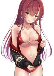 Rule 34 | 1girl, :q, bare shoulders, bikini, bikini under clothes, black jacket, blush, breasts, collarbone, commentary request, earrings, gluteal fold, hair between eyes, halterneck, heart, heart earrings, heart necklace, heterochromia, highres, hololive, houshou marine, houshou marine (summer), jacket, jewelry, large breasts, lips, long hair, long sleeves, navel, necklace, necocafe lili, red bikini, red eyes, red hair, smile, solo, standing, swimsuit, tongue, tongue out, unzipping, virtual youtuber, yellow eyes