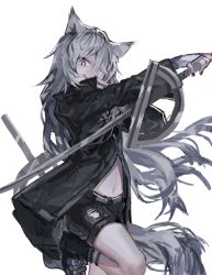 Rule 34 | 1girl, animal ears, arknights, black footwear, black jacket, black nails, black shorts, clay (clayjun), commentary request, grey eyes, hair over one eye, holding, holding sword, holding weapon, jacket, lappland (arknights), long hair, long sleeves, looking at viewer, nail polish, navel, reverse grip, shoes, short shorts, shorts, silver hair, simple background, smile, solo, stomach, sword, weapon, white background, wolf ears